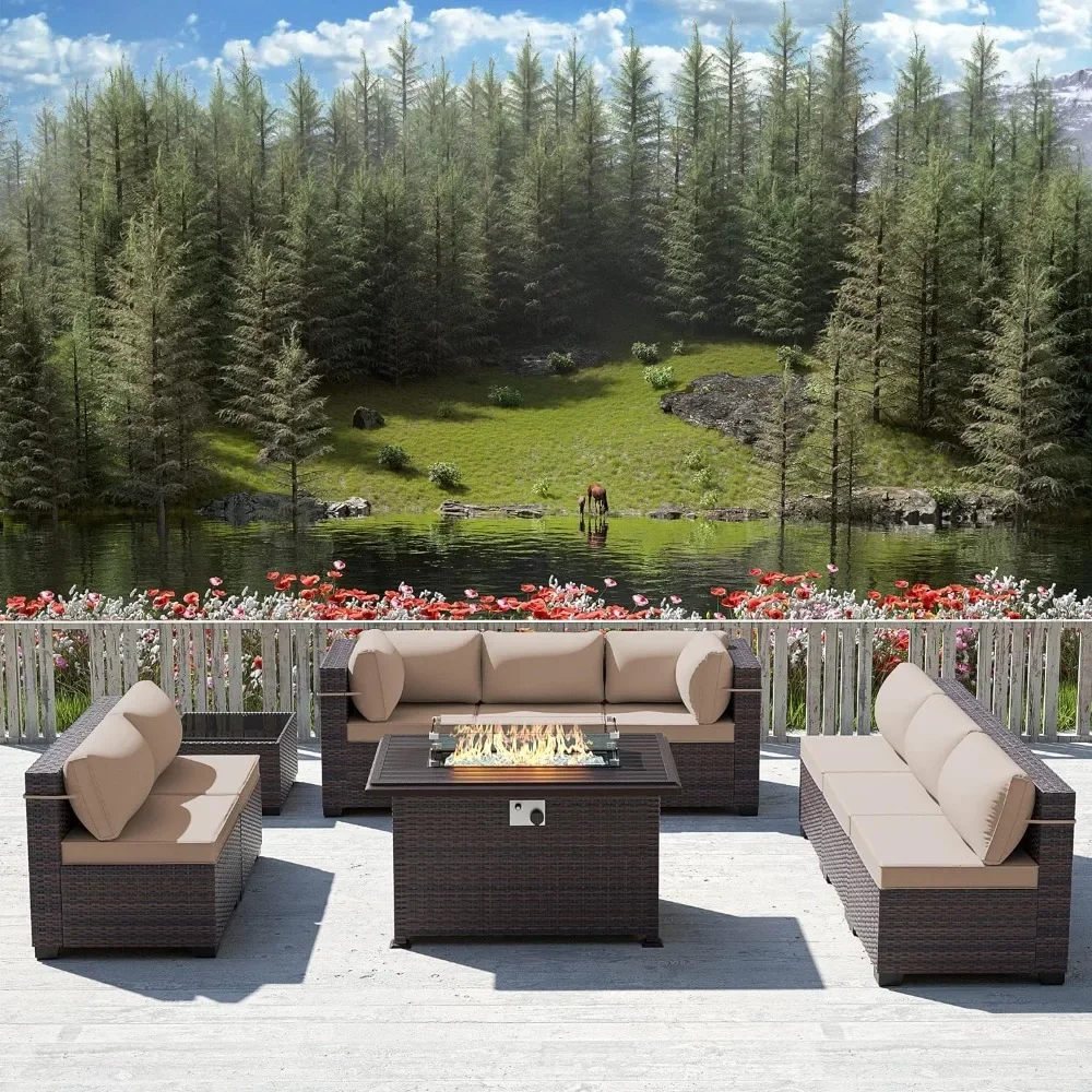 Outdoor Furniture Set With Fire Pit - -Terrasmeubelset met propaan vuurplaatstafel, 10-delig tuinmeubilair
