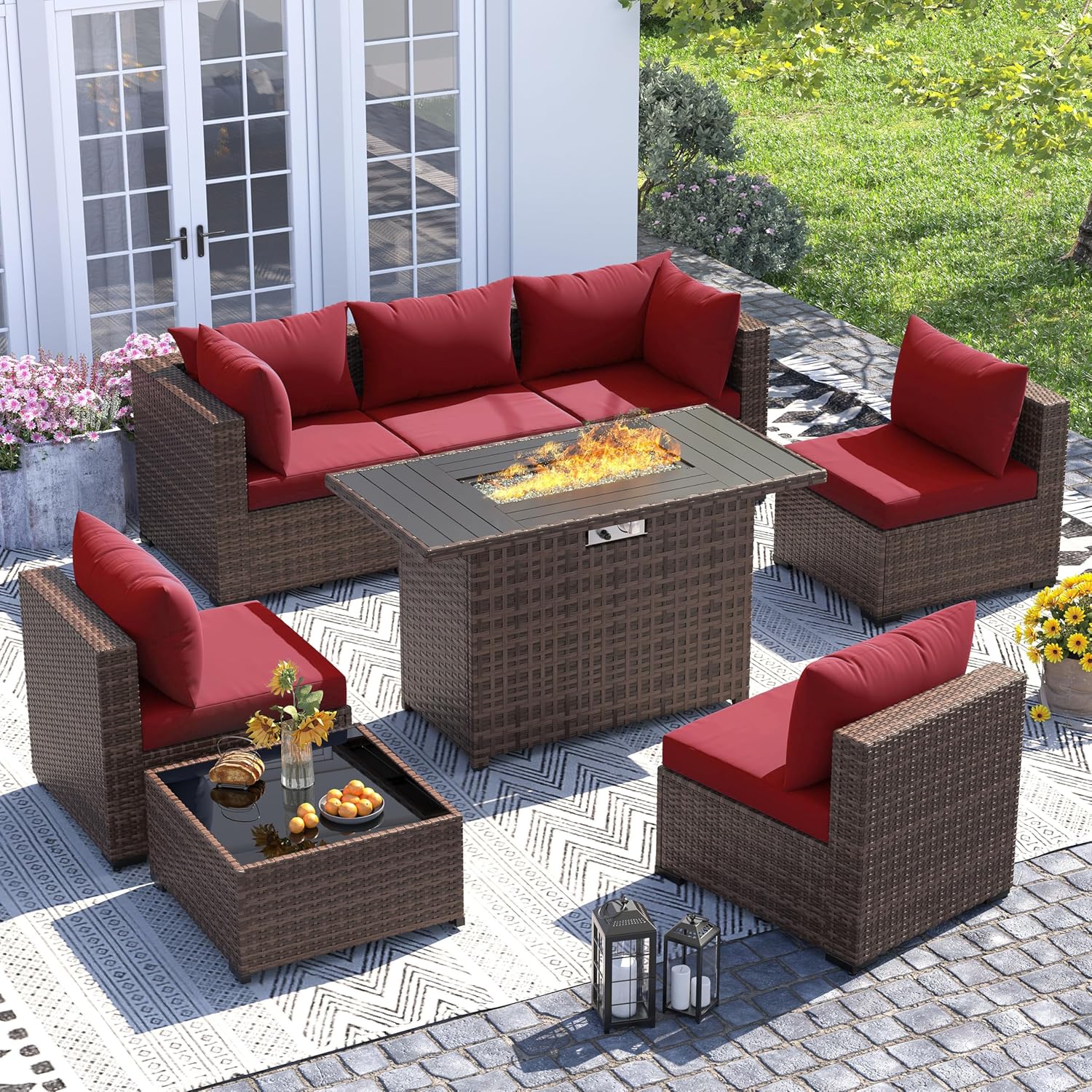 Outdoor Furniture Set With Fire Pit - 8-delige all-weather wicker loungeset met vuurtafel