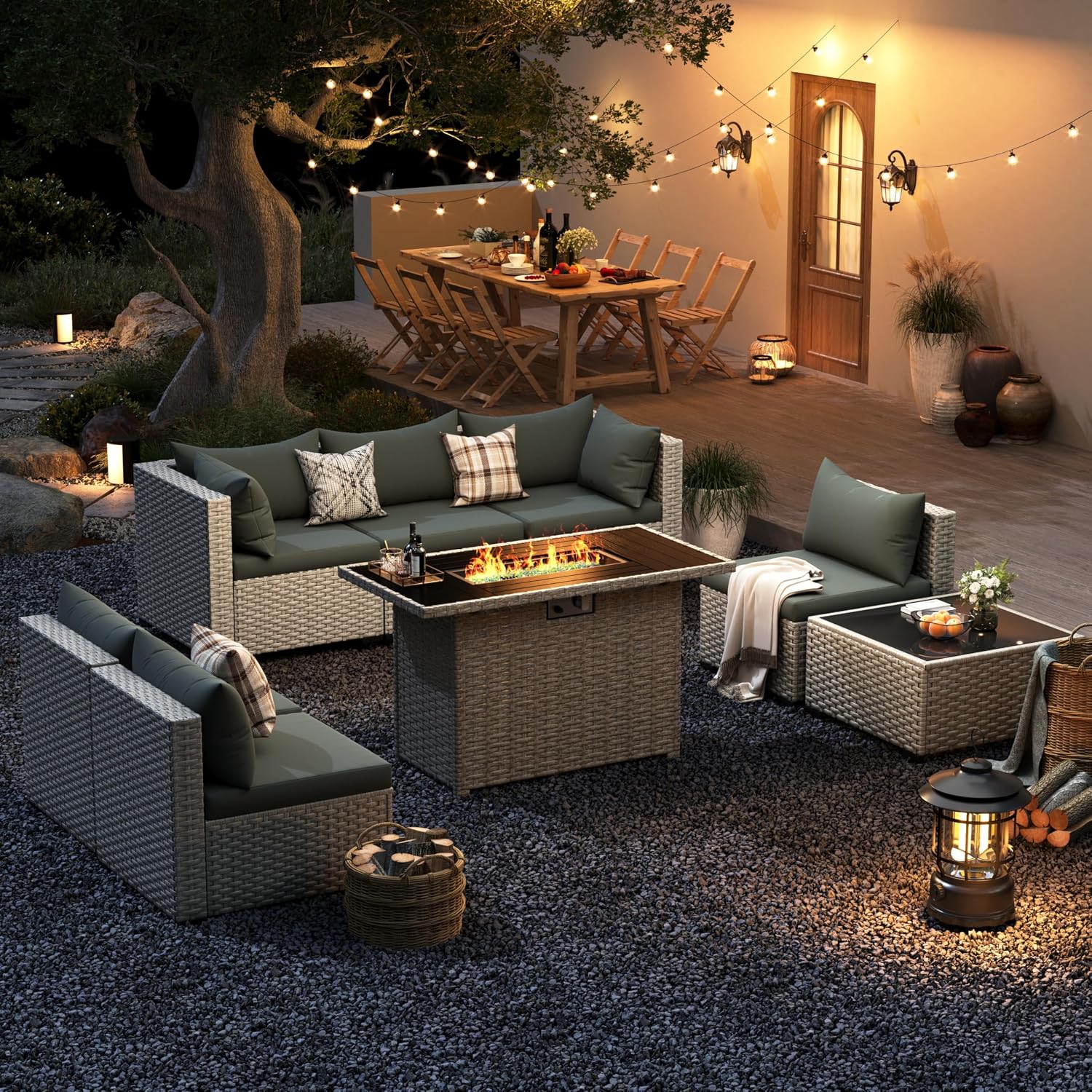 Outdoor Furniture Set With Fire Pit - 8-persoons buitenbankstel met vuurtafel, PE-wicker tuinmeubilair