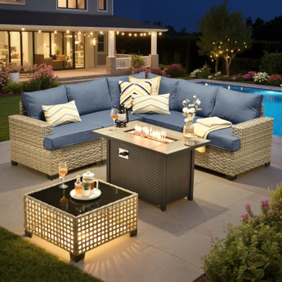 Outdoor Furniture Set With Fire Pit - Tuinmeubelset met vuurplaats, rotan zithoek, L-vormige