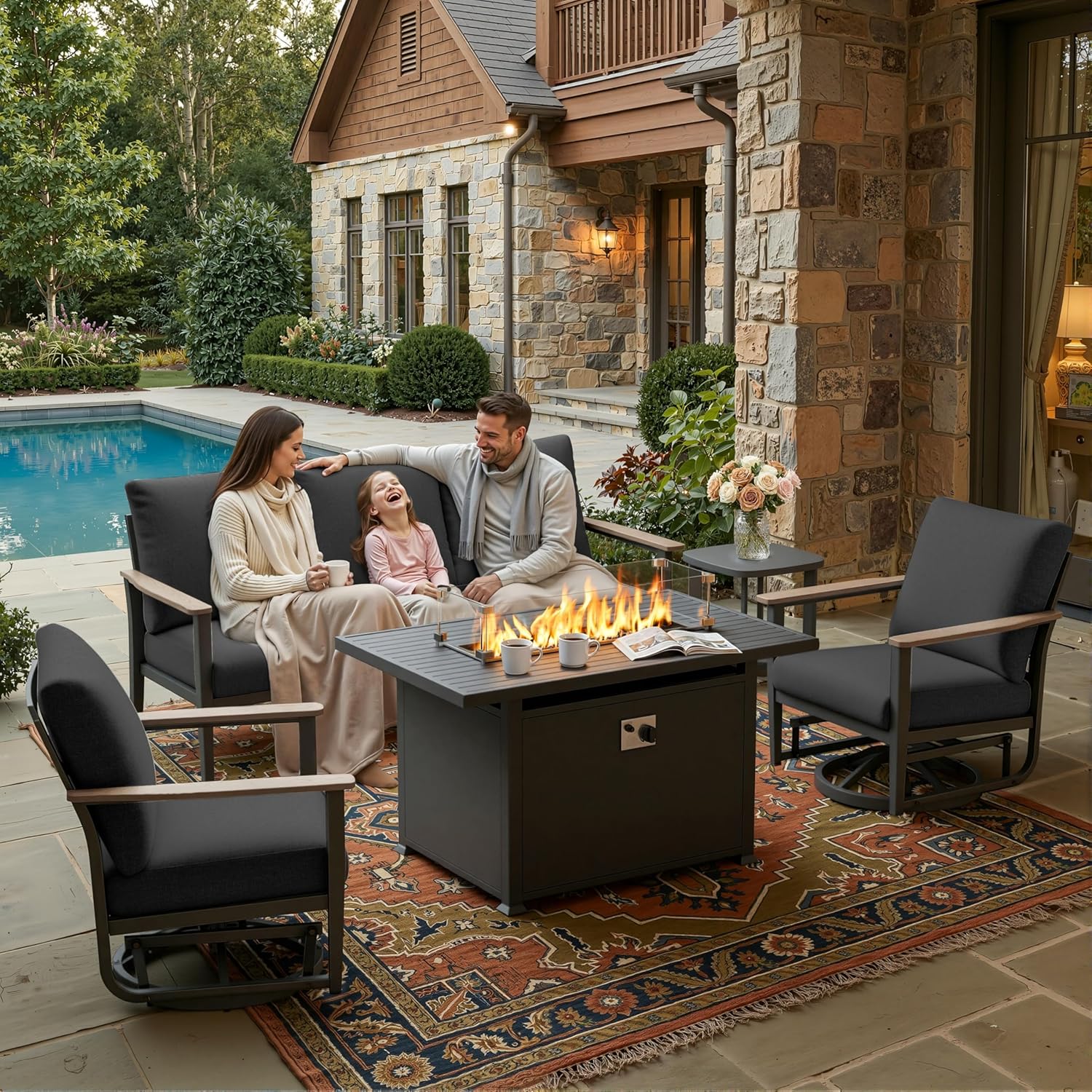 Outdoor Furniture Set With Fire Pit - 5-delige aluminium terrasset met draaibare schommelstoelen,