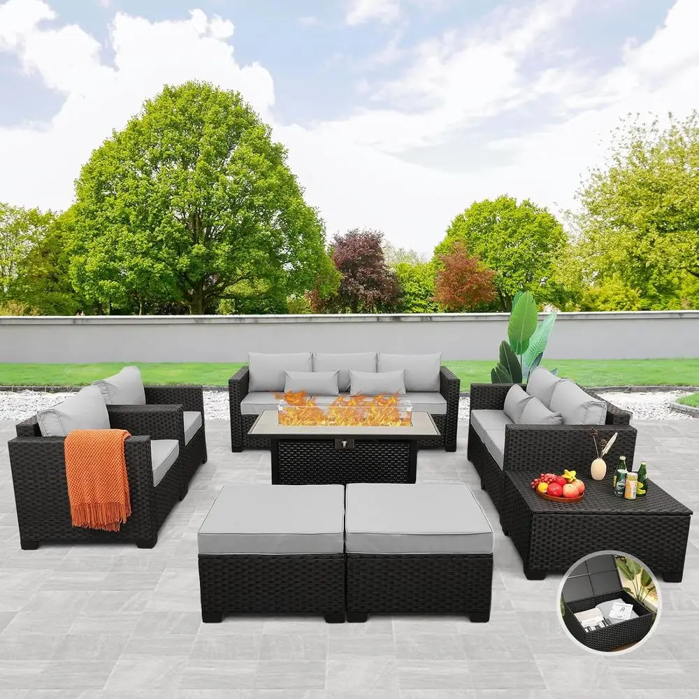 Outdoor Furniture Set With Fire Pit - 8-delige tuinmeubelset met 6000045-inch propaanvuurplaats, antislipkussens,