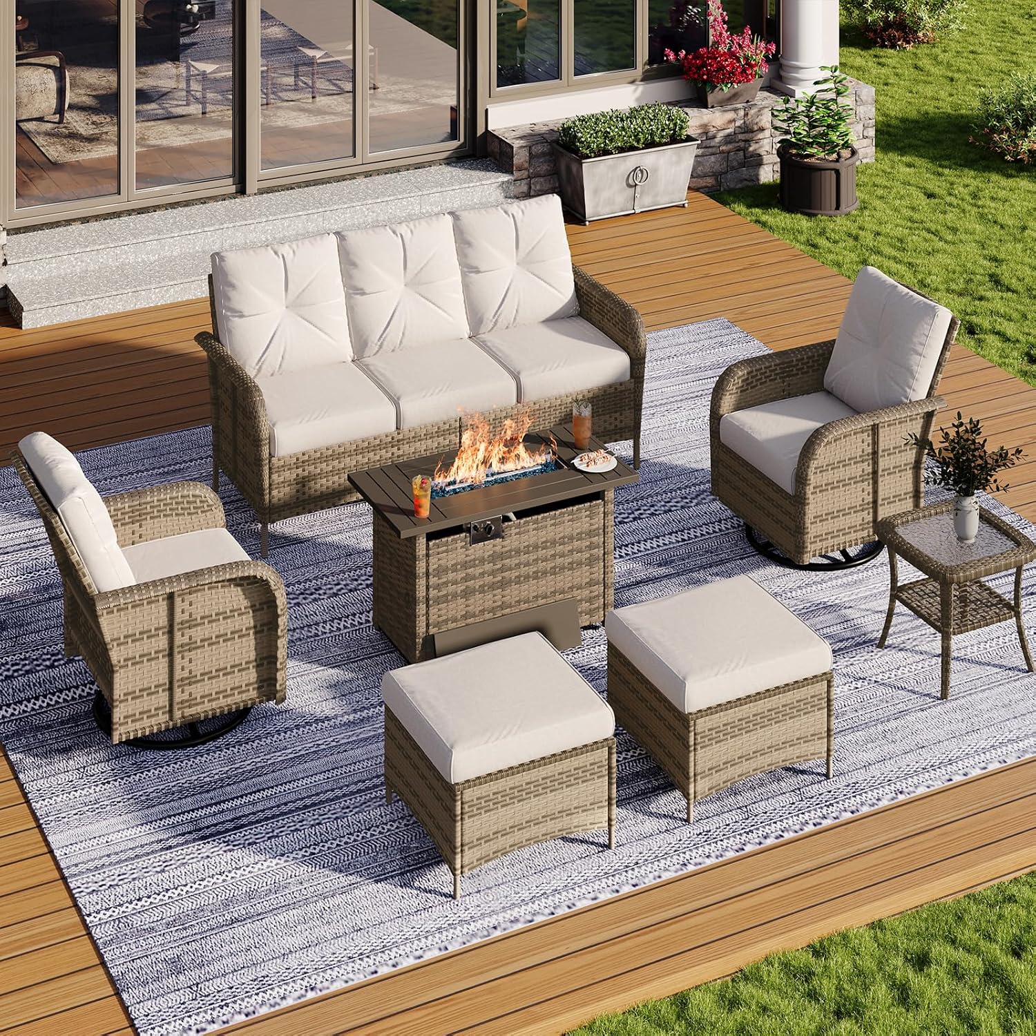 Outdoor Furniture Set With Fire Pit - 7-delige rieten terrasset met 44 inch