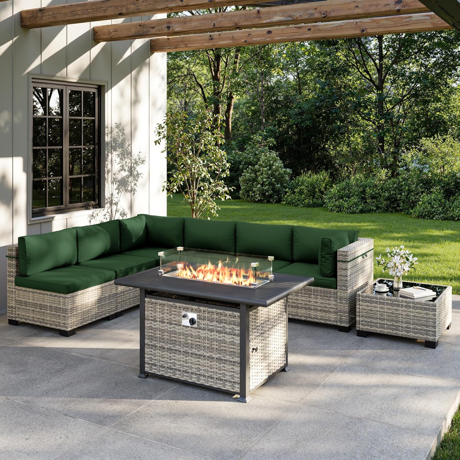 Outdoor Furniture Set With Fire Pit - 8-delige tuinmeubelset met 55.000 BTU vuurtafel,