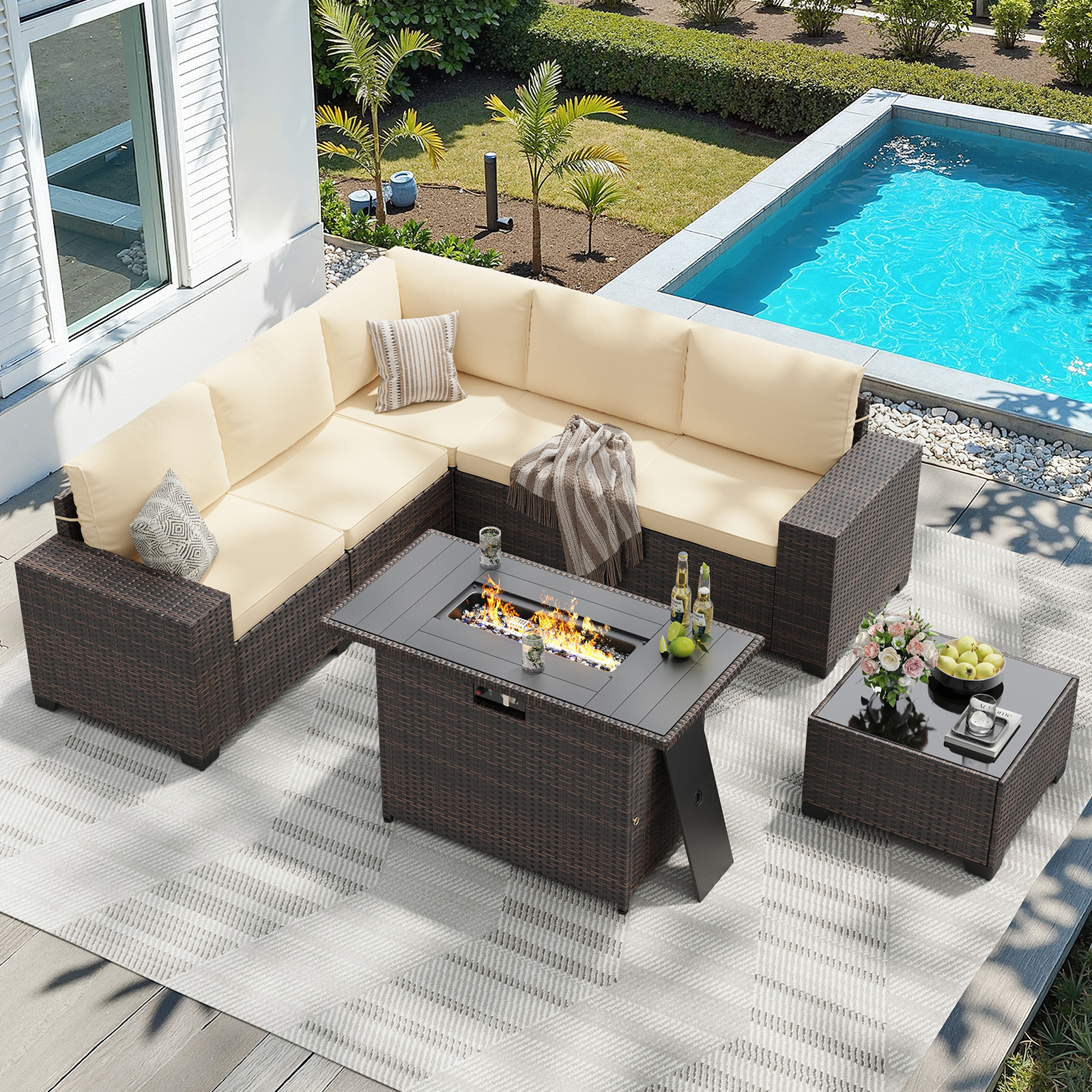 Outdoor Furniture Set With Fire Pit - 7-delige terrasmeubelset met 44 inch vuurtafel,